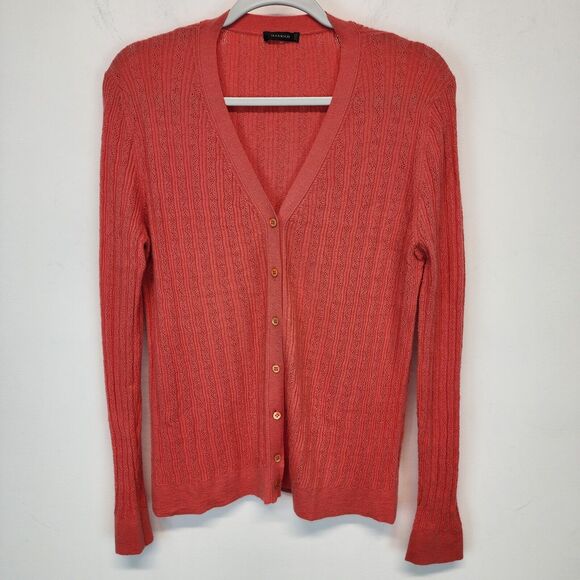 Manrico Italian Cashmere Pink Cardigan Size L Pointelle Knit V-neck Quiet Luxury - Picture 1 of 12